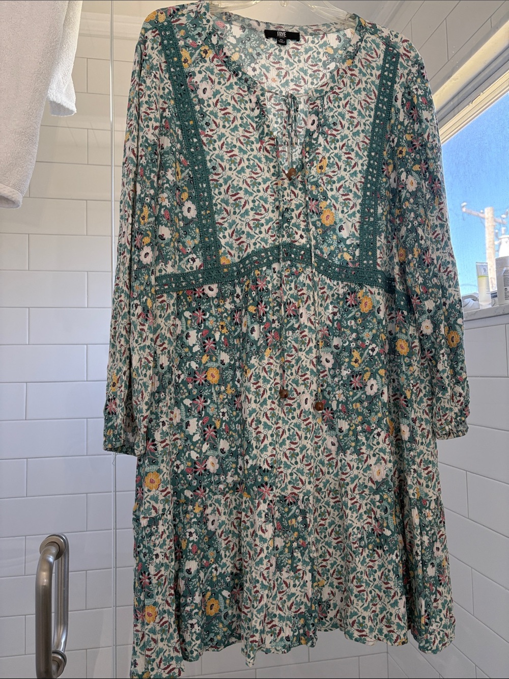 Frye Teal Floral Long-Sleeve open tie Front Dress